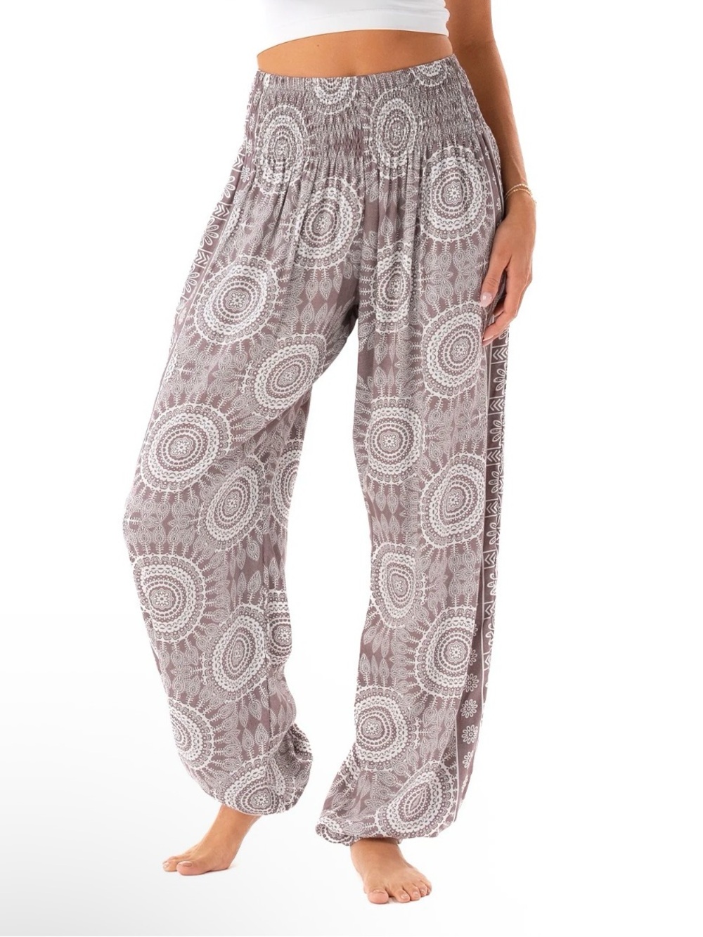 Smocked Waist Printed Lounge Joggers - Taupe